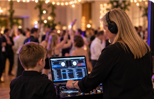 Bex and Cooper DJing together as guests celebrate